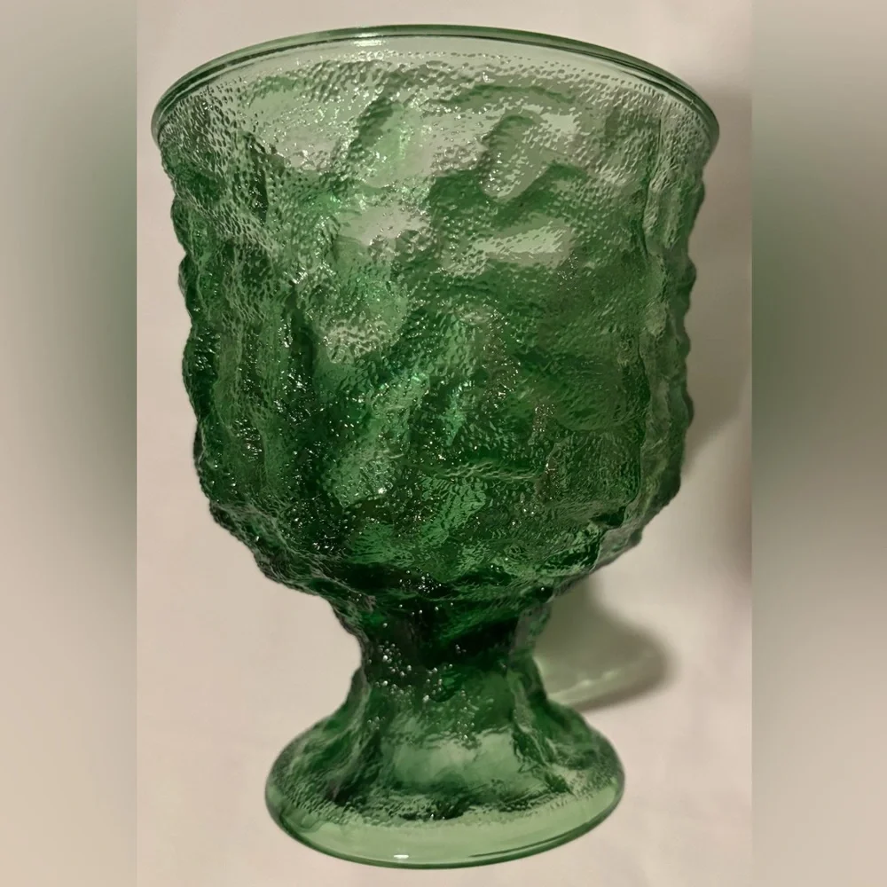 Vintage E.O. Brody Co. Crinkle Green Textured Glass Pedestal Goblet Vase Dish